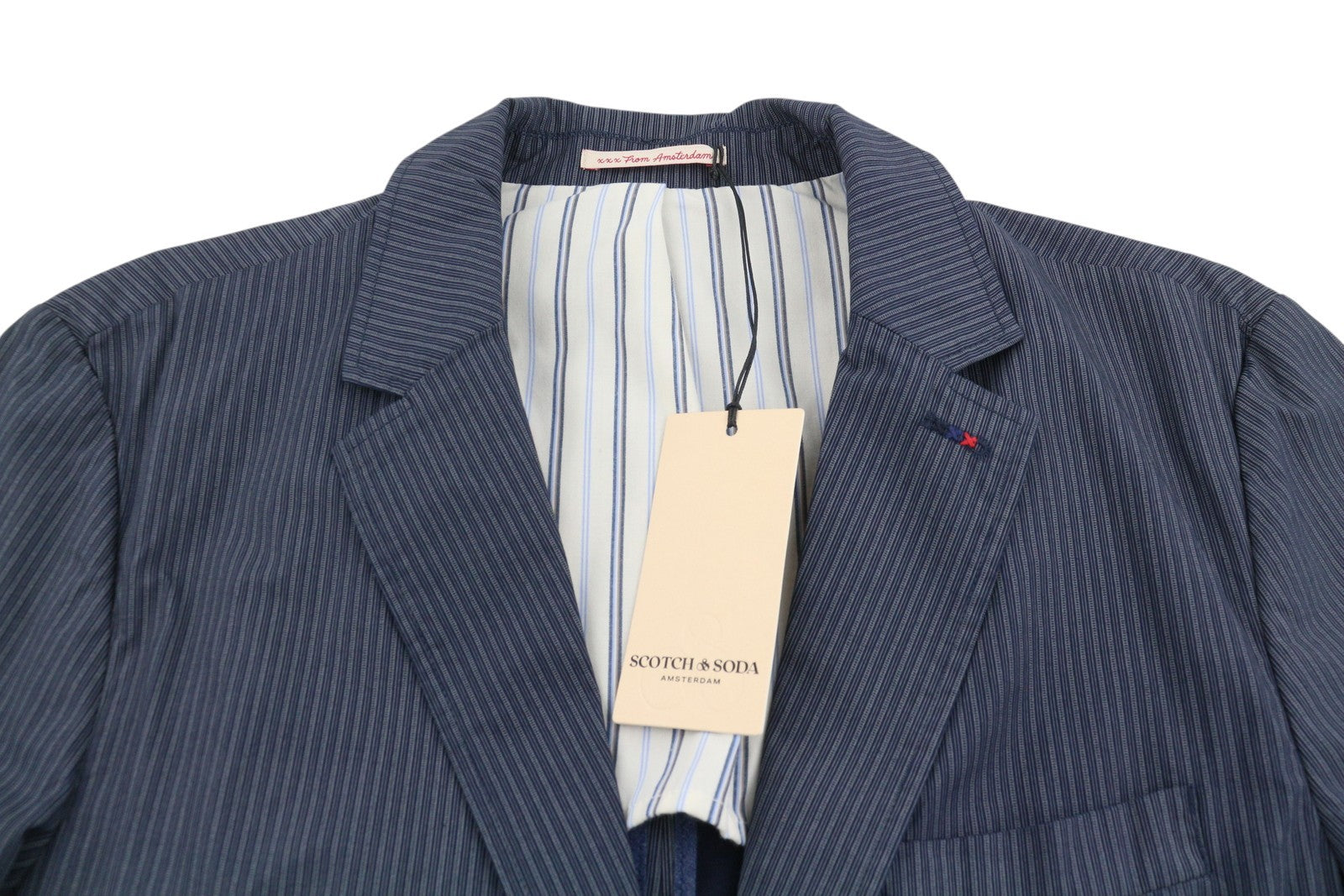 SCOTCH & SODA Men Blazer M Dark Blue Pinstriped Half Lined Single-Breasted