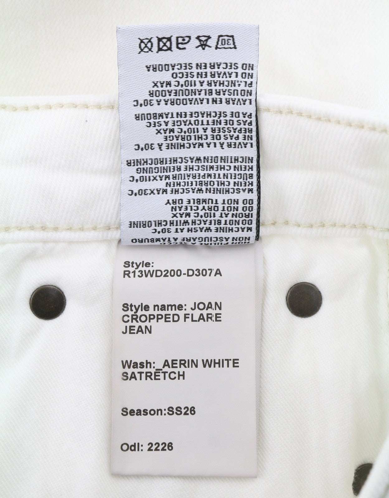 R13 Joan Cropped Flare Women Jeans 24 Aerin White Satretch Denim SS26