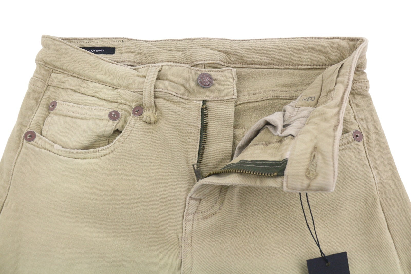 R13 Boy Straight Women Jeans 27 Khaki Stretch Faded Cropped Zip RRP699