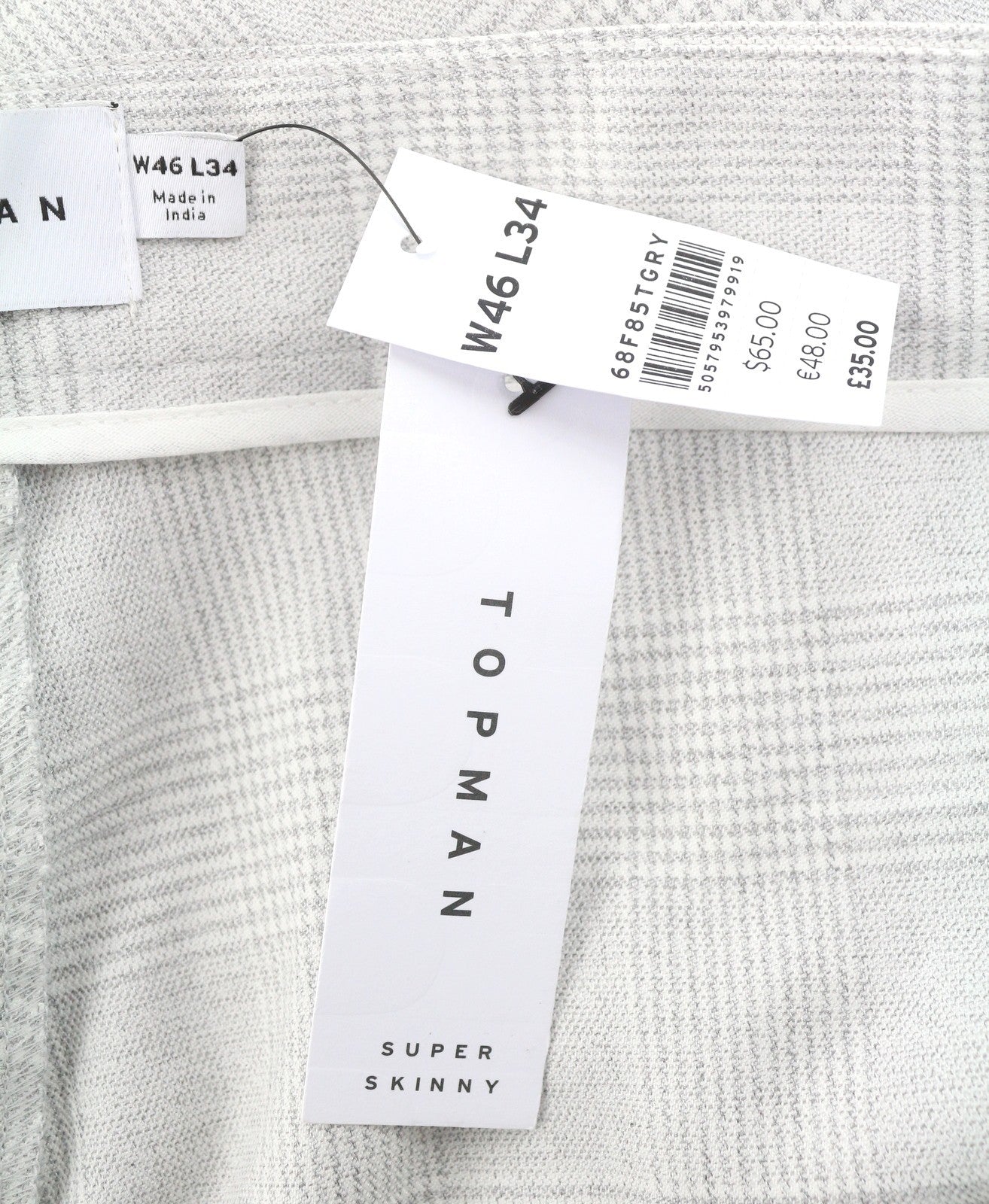 TOPMAN Men Trousers W46/L34 Light Grey Plaid Super Skinny Fit Formal