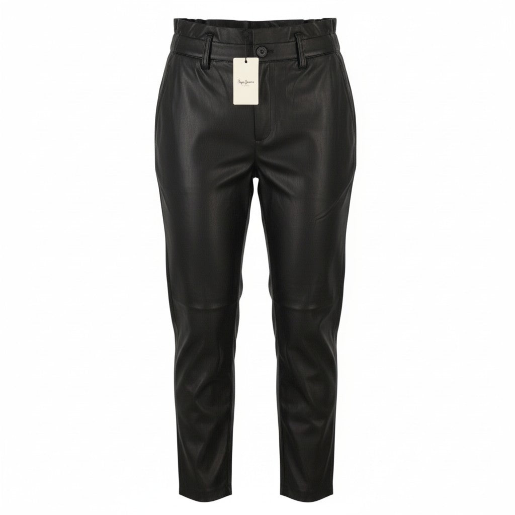 PEPE JEANS Nika Women Trousers XL W32 Black Coated Elastic Waist Straight Fit