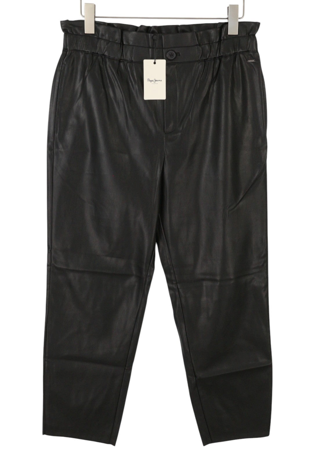 PEPE JEANS Nika Women Trousers XL W32 Black Coated Elastic Waist Straight Fit