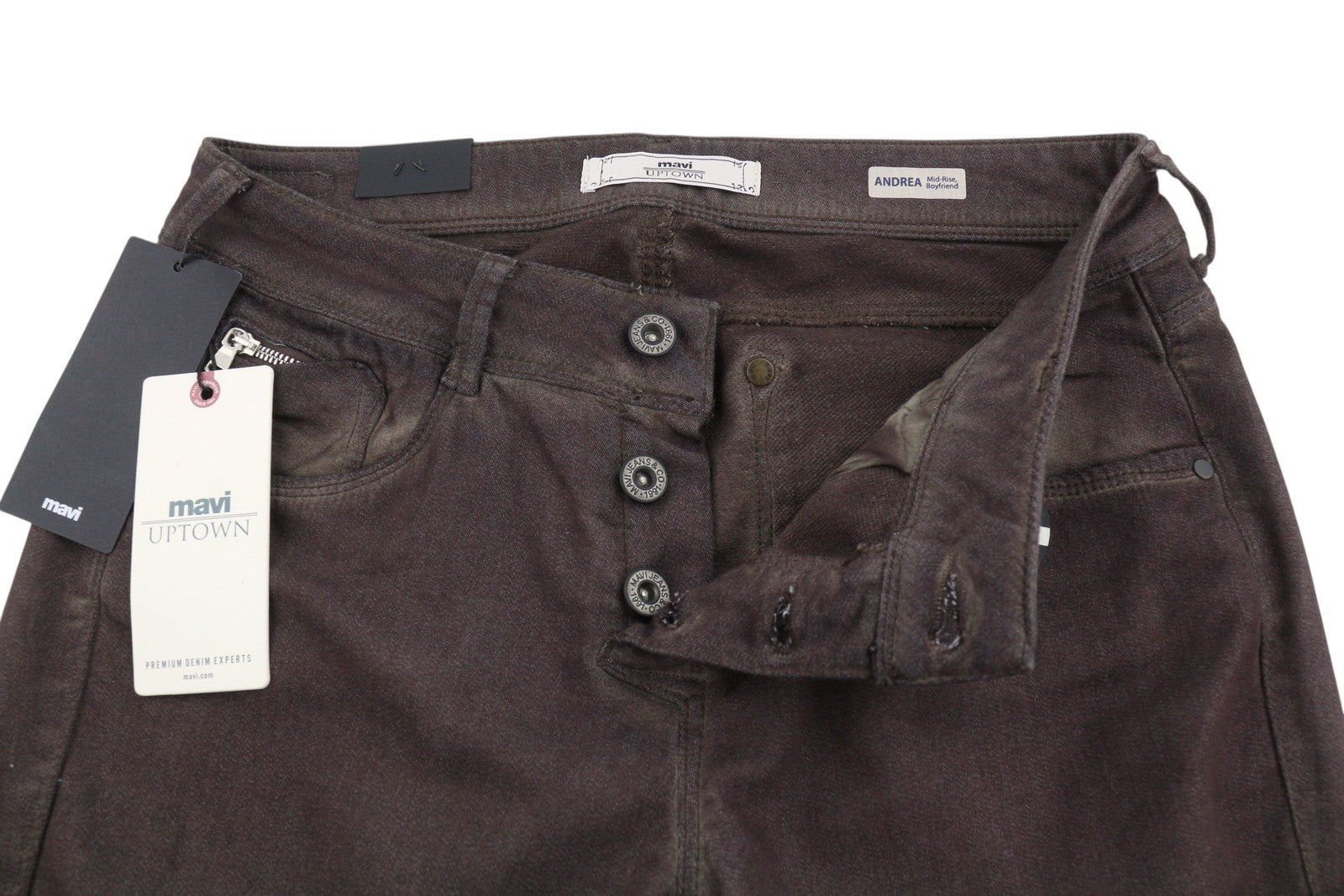 MAVI Andrea Women Trousers W26 Brown Coated Look Mid Rise Boyfriend Skinny