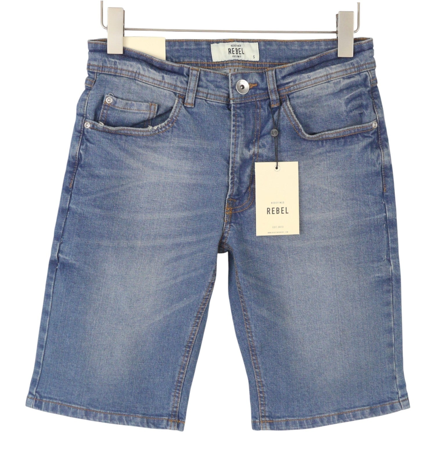 REDEFINED REBEL Copenhagen Men Shorts S Blue Whiskers Faded Zip Fly Denim