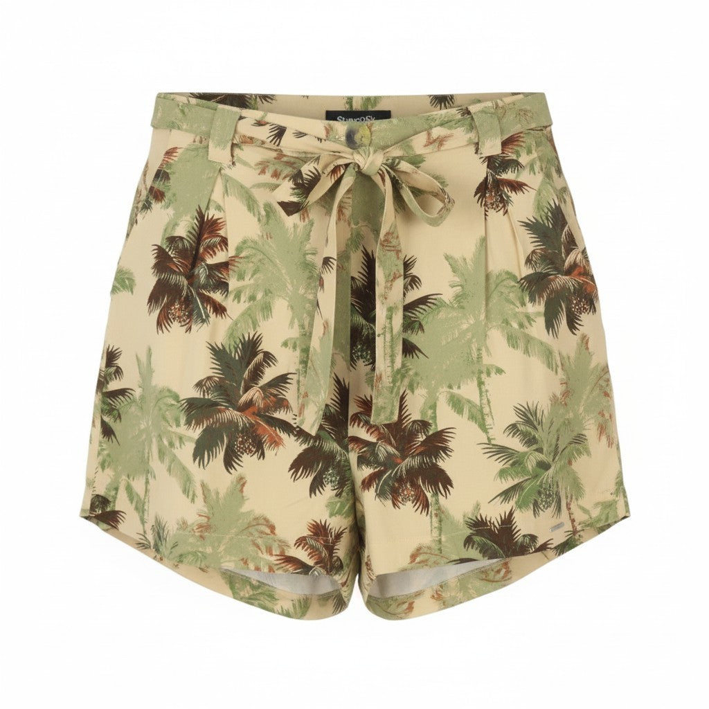SUPERDRY Women Shorts L Brown Palm Tree Print Pleated Belted