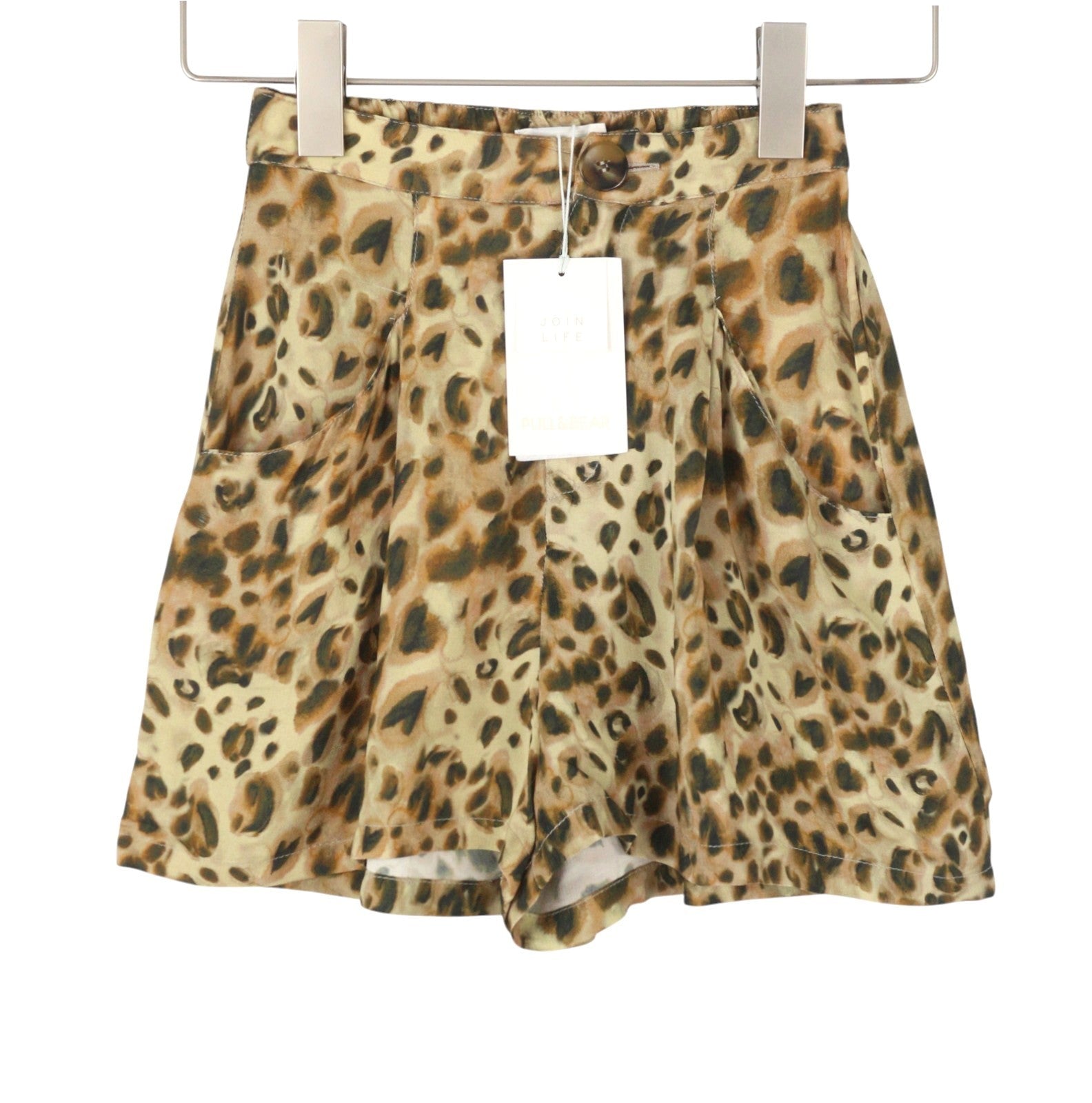 PULL&BEAR Women Shorts XS Brown Leopard Print Zip Fly High Waist