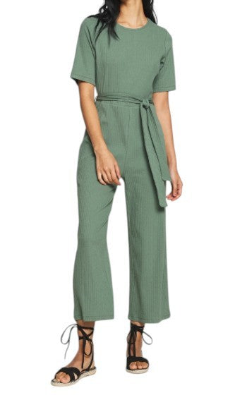 EVEN&ODD Women Jumpsuit M Green Ribbing Cropped Belted Short Sleeve
