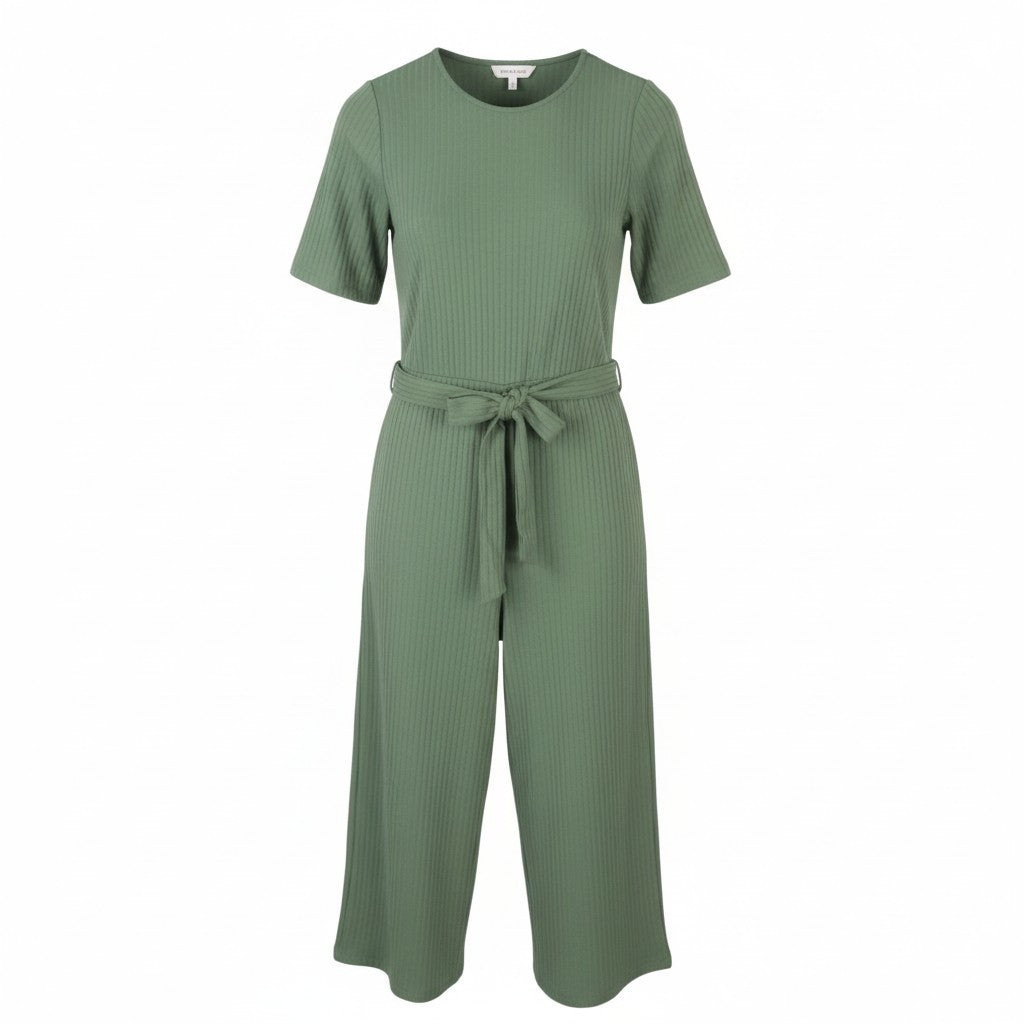 EVEN&ODD Women Jumpsuit M Green Ribbing Cropped Belted Short Sleeve