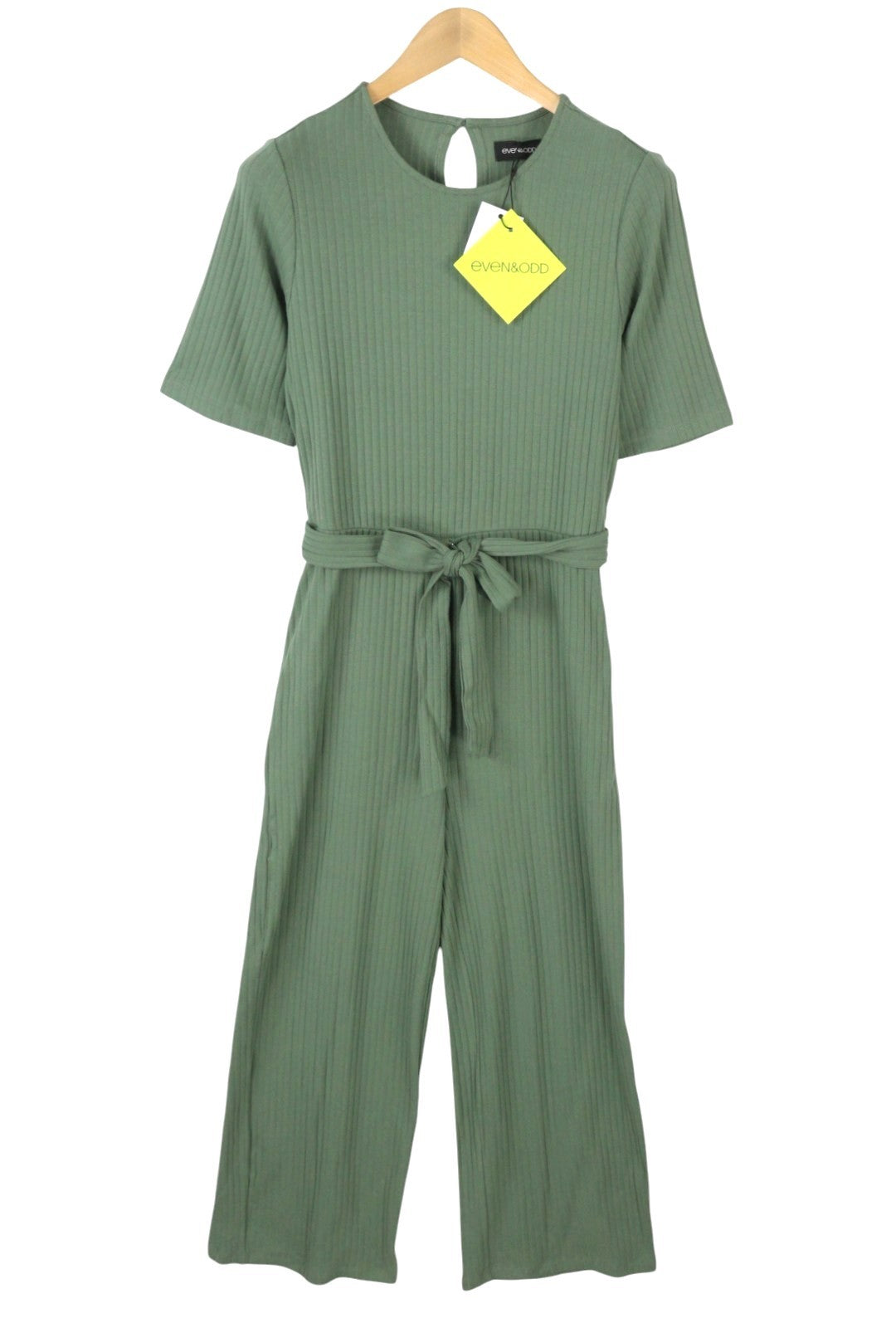 EVEN&ODD Women Jumpsuit M Green Ribbing Cropped Belted Short Sleeve