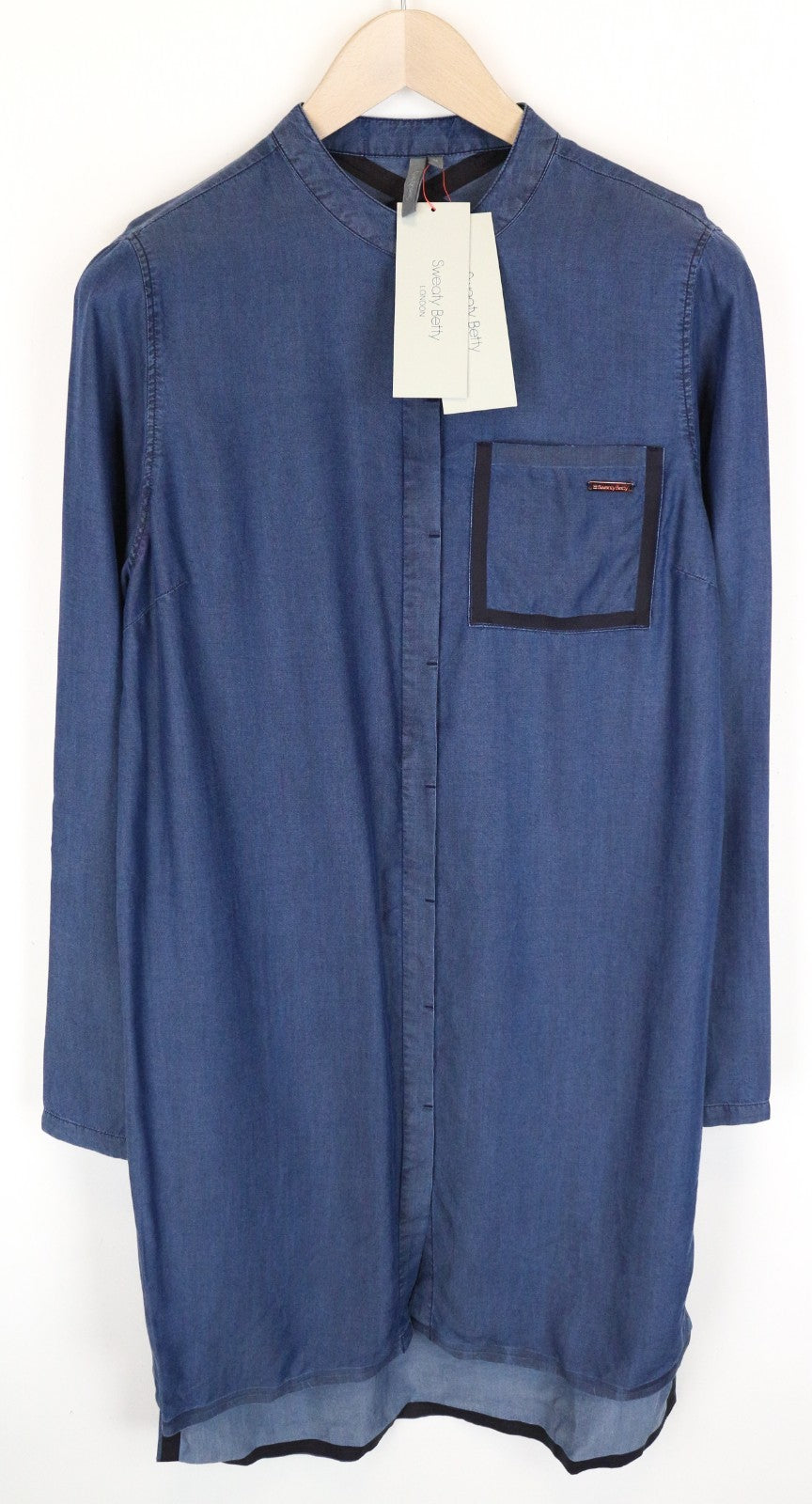 SWEATY BETTY Kvasir Luxe Shirt Women Dress M Blue Denim Look Button Mid-Length