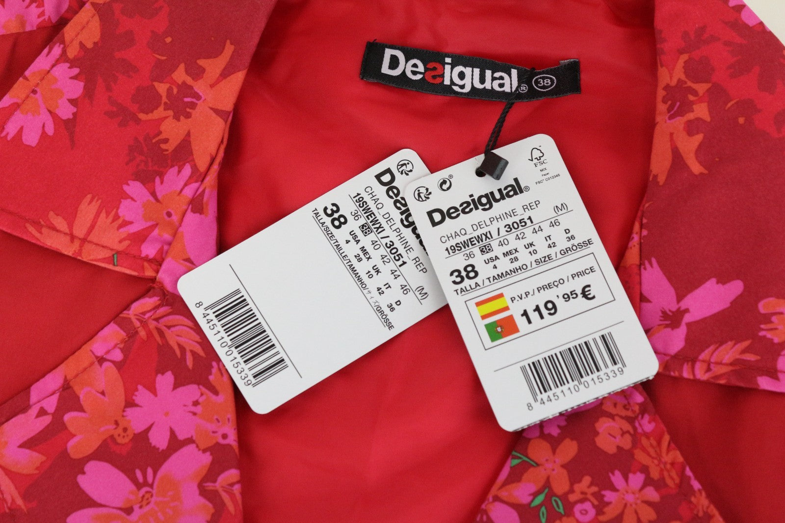 DESIGUAL Delphine Women Jacket EU38 Trench Melange Floral Mid-Length Red