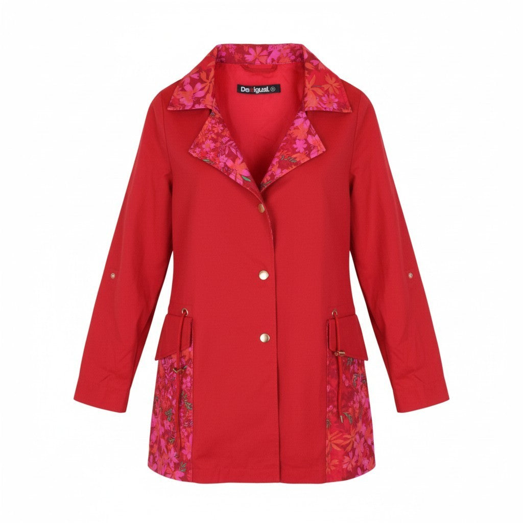 DESIGUAL Delphine Women Jacket EU38 Red Trench Melange Floral Print Mid-Length