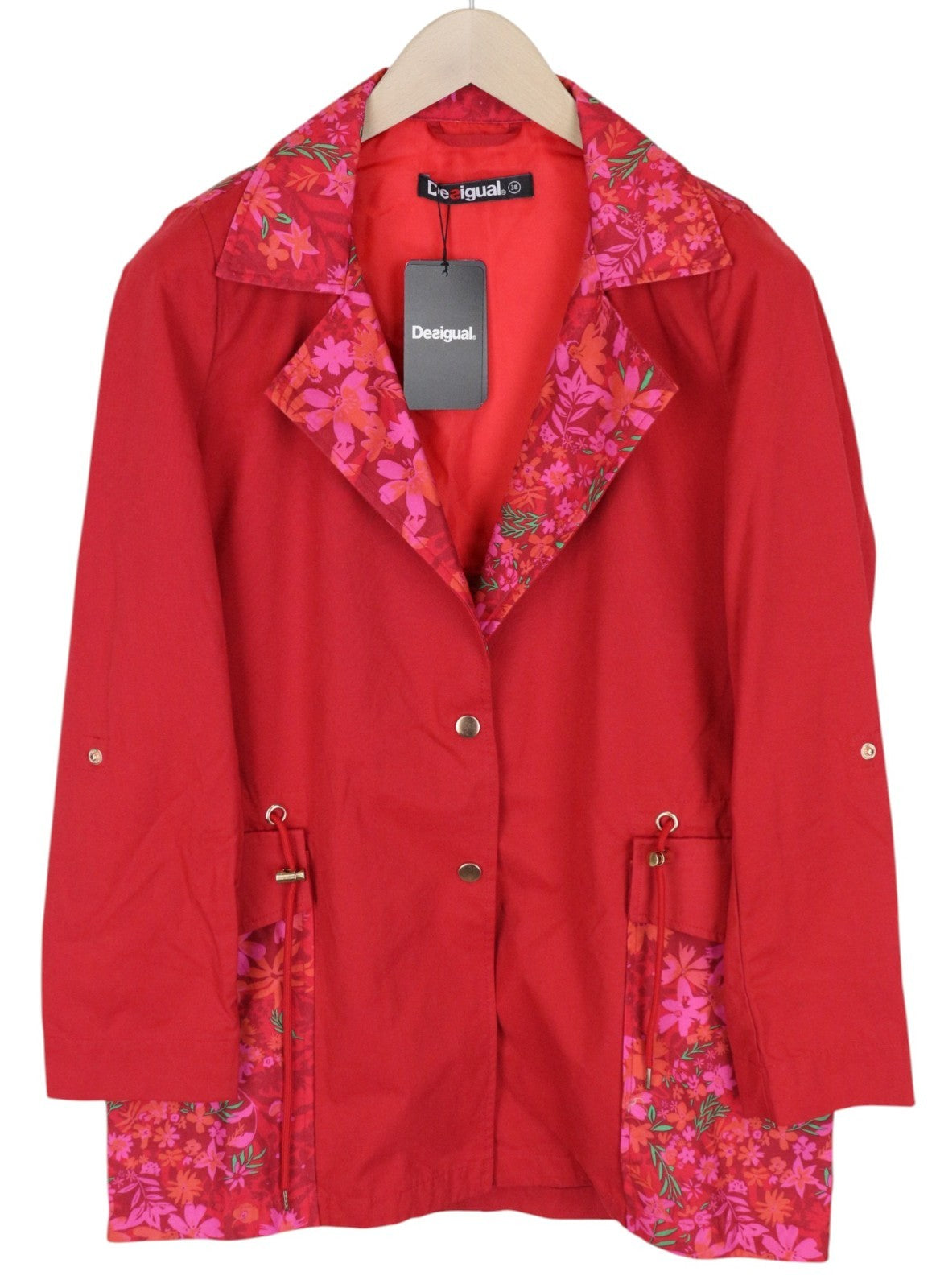 DESIGUAL Delphine Women Jacket EU38 Red Trench Melange Floral Print Mid-Length