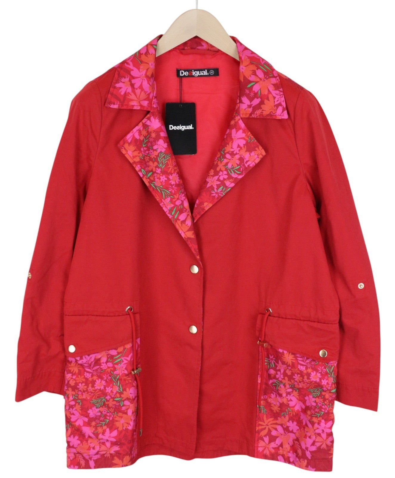 DESIGUAL Delphine Women Jacket EU40 Melange Red Trench Floral Mid-Length