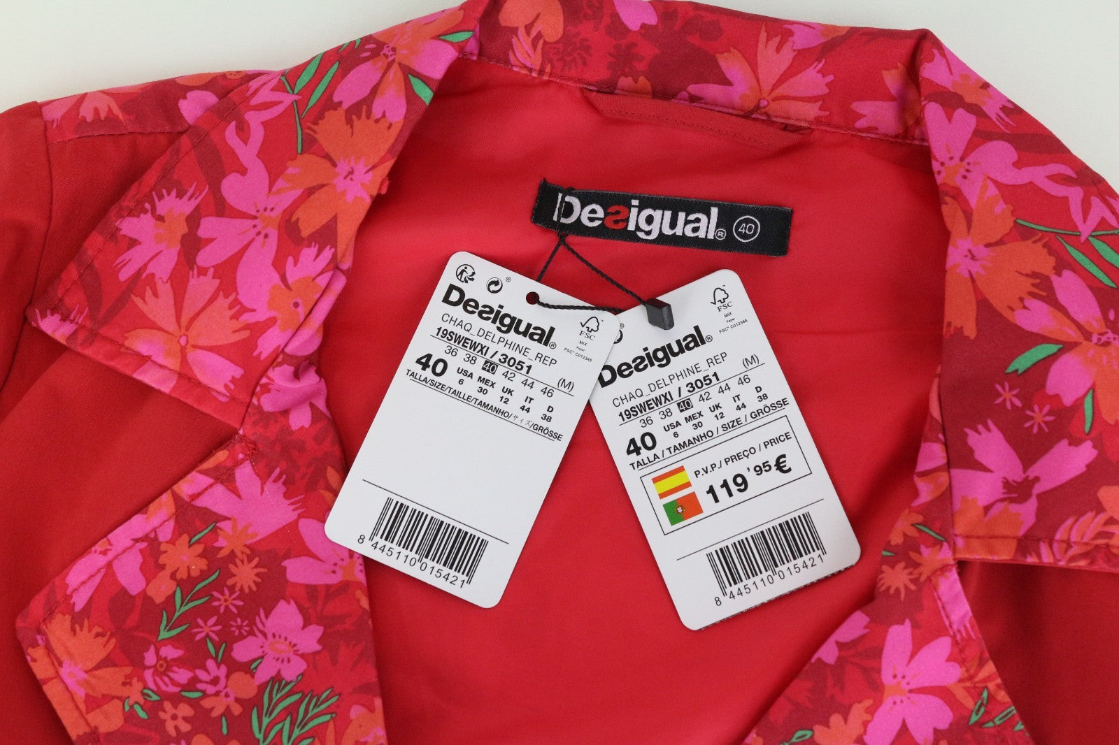 DESIGUAL Delphine Women Jacket EU40 Melange Red Trench Floral Mid-Length
