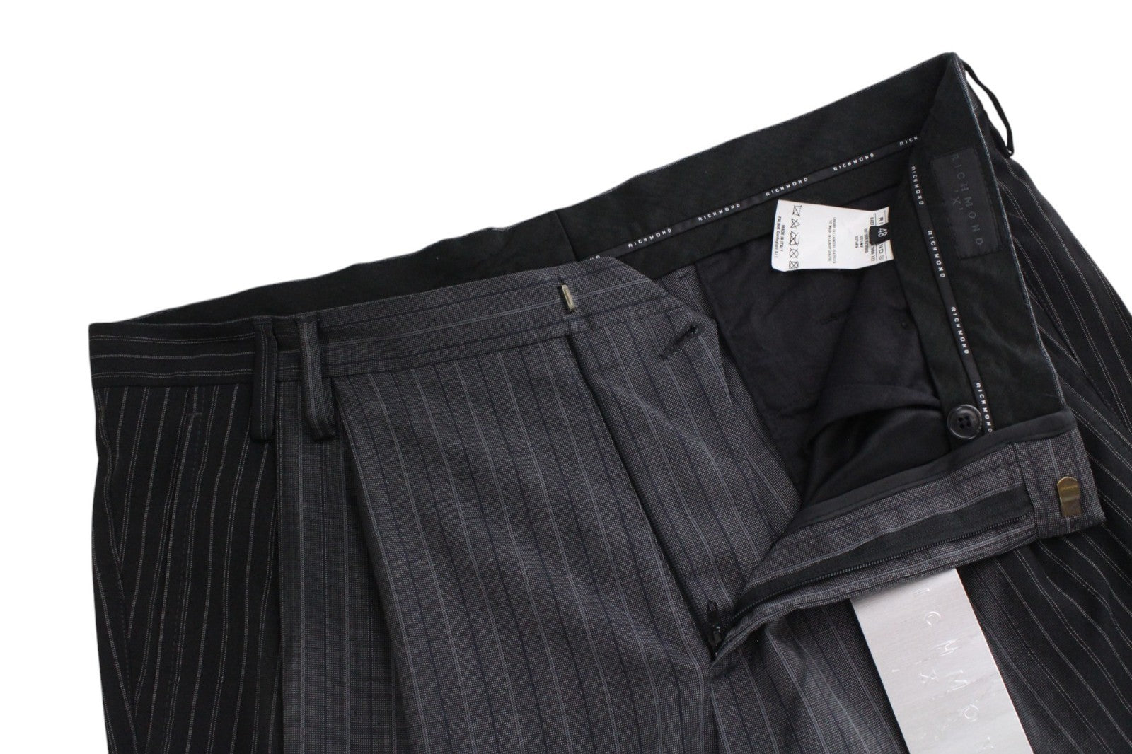 RICHMOND  Men Trousers 48 Grey Pure Wool Striped Pleated Front Cropped