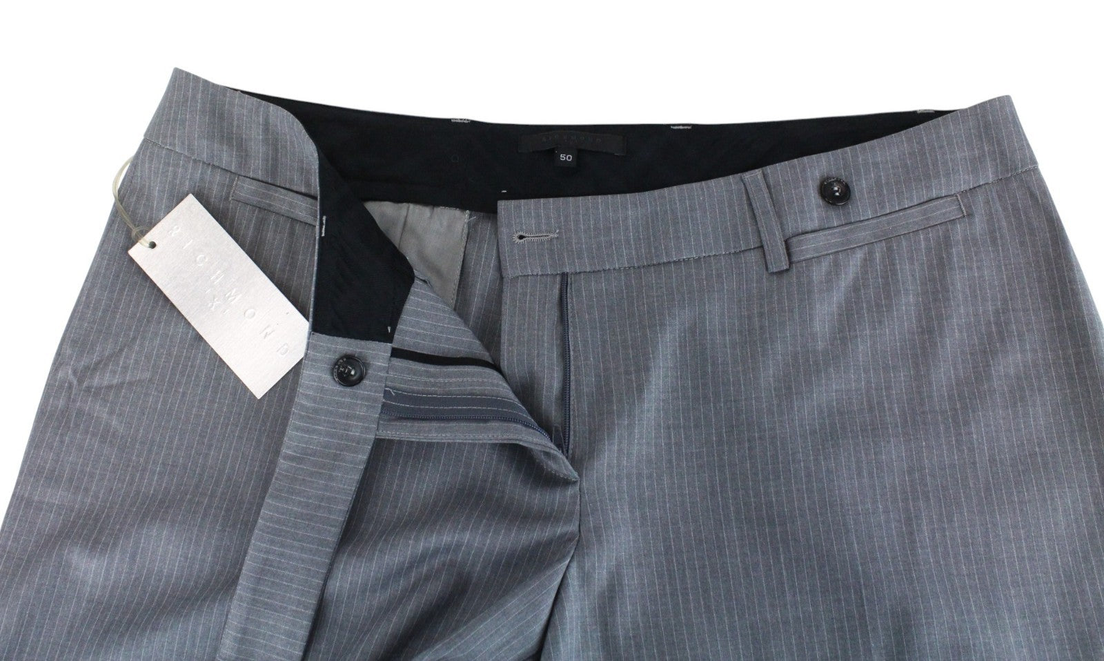 RICHMOND  Men Trousers 50 Grey Stretch Striped Pleated Front Turn-Up Formal