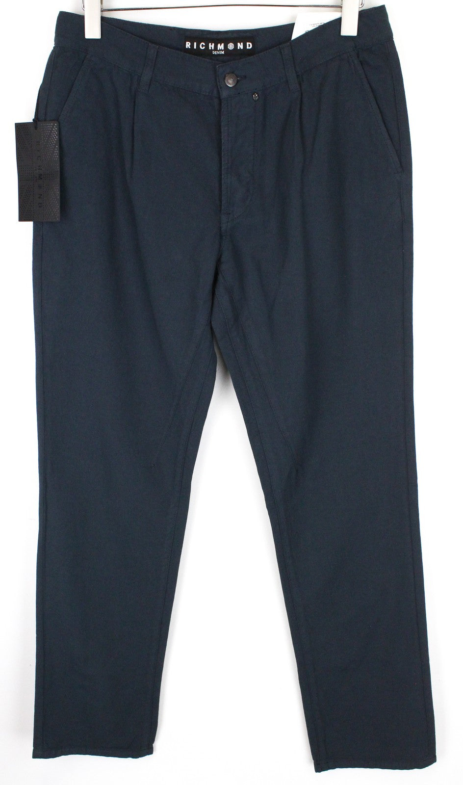 RICHMOND  Men Trousers 48 Blue Cotton Linen Button-Fly Casual Slit Pocket