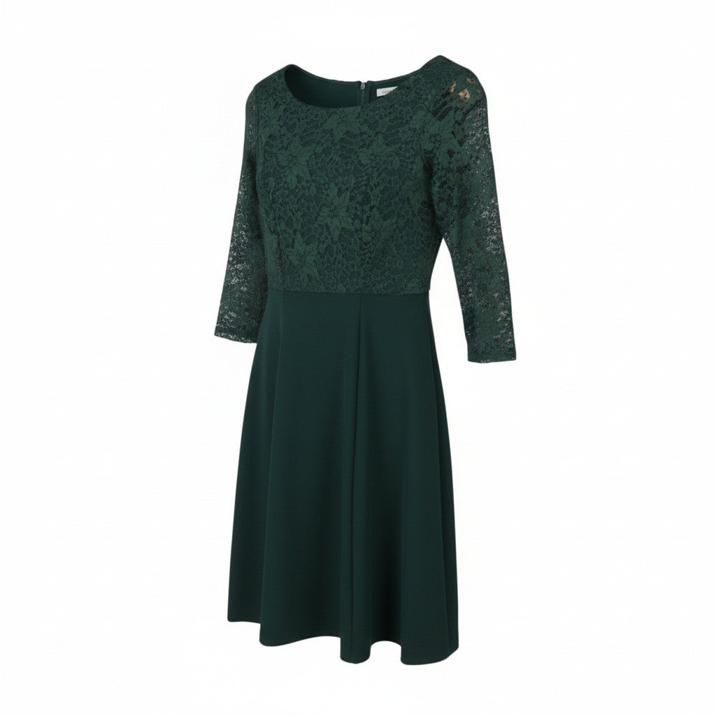 ANNA FIELD Women Dress S PETITE Green Laced Round Collar 3/4 Sleeves Midi