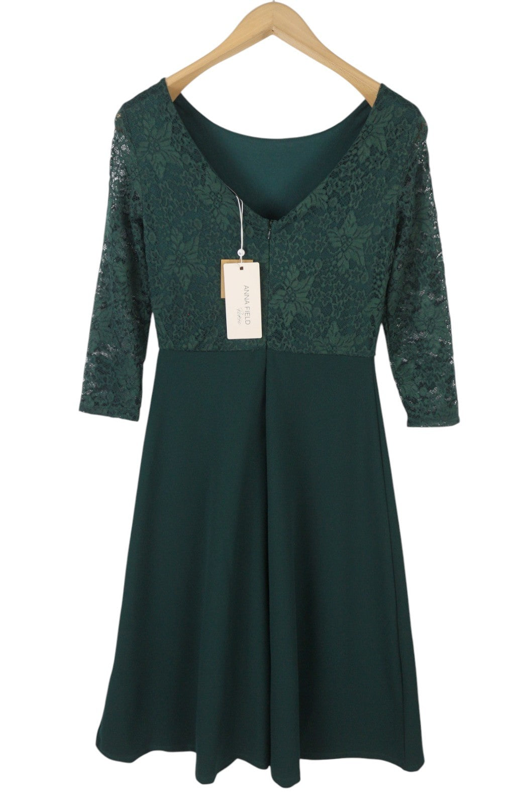 ANNA FIELD Women Dress S PETITE Green Laced Round Collar 3/4 Sleeves Midi