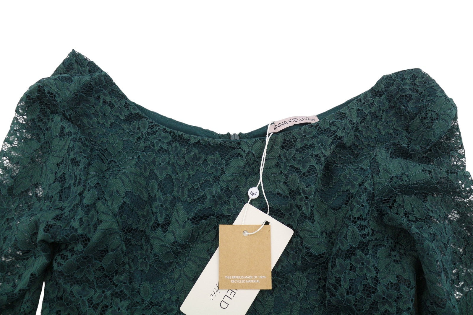ANNA FIELD Women Dress S PETITE Green Laced Round Collar 3/4 Sleeves Midi