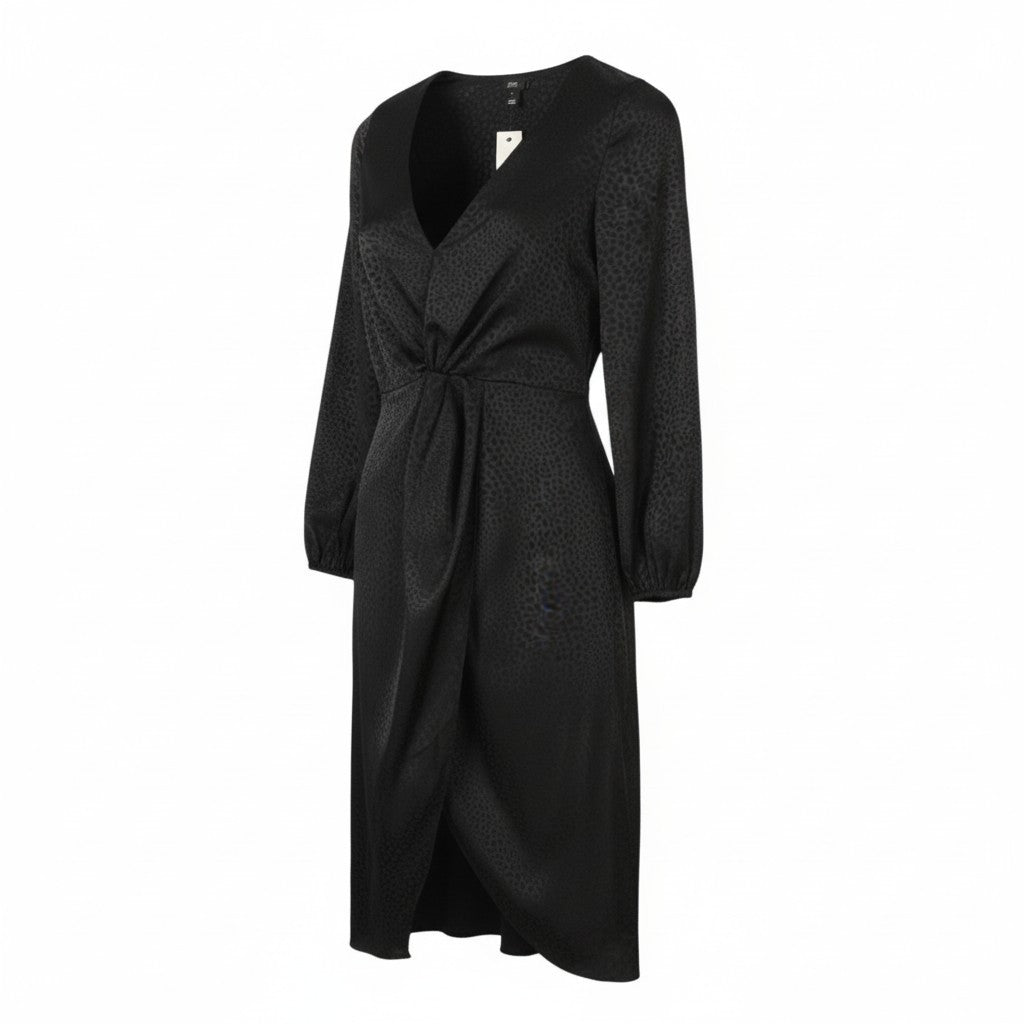 RIVER ISLAND Tia Women Dress EU32 2XS Black Textured Print Twist Split Midi