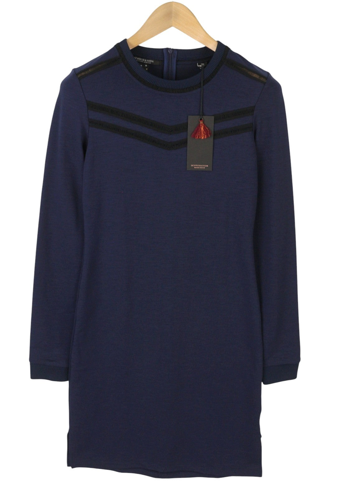 MAISON SCOTCH Women Dress S Dark Blue Crew Neck Long Sleeve Knee-Length