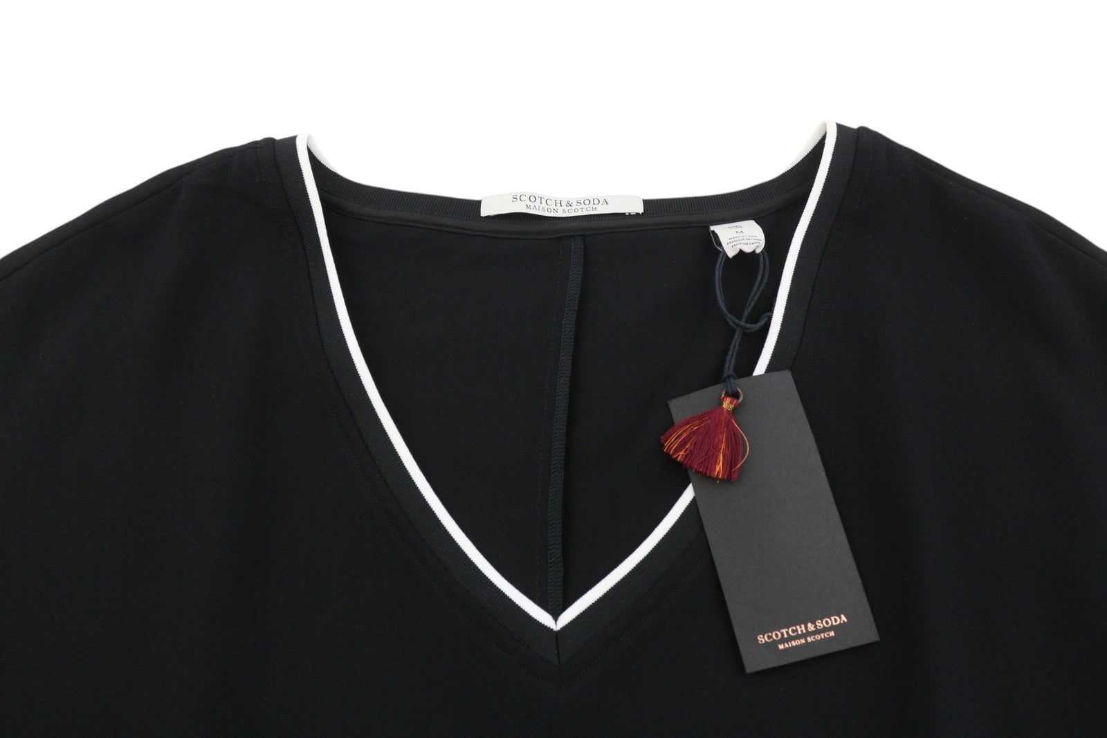 MAISON SCOTCH Women Dress M Black Layered V-Neck Short Sleeve Knee-Length