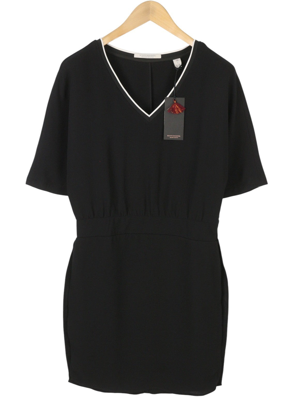 MAISON SCOTCH Women Dress XS Black Layered V-Neck Short Sleeve Knee-Length