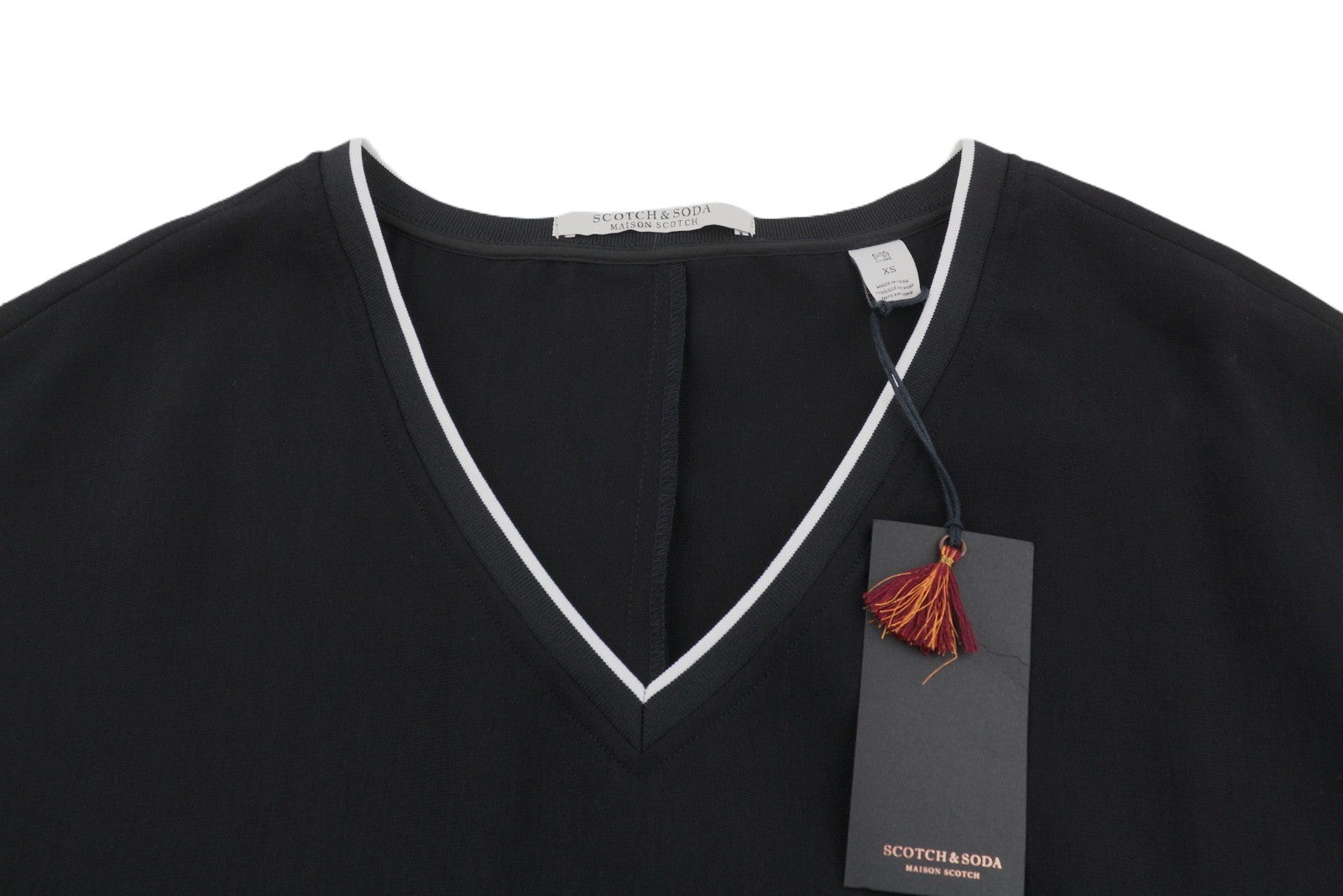 MAISON SCOTCH Women Dress XS Black Layered V-Neck Short Sleeve Knee-Length
