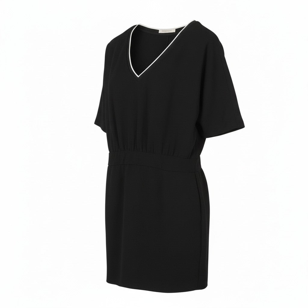MAISON SCOTCH Women Dress S Black Layered V-Neck Short Sleeve Knee-Length