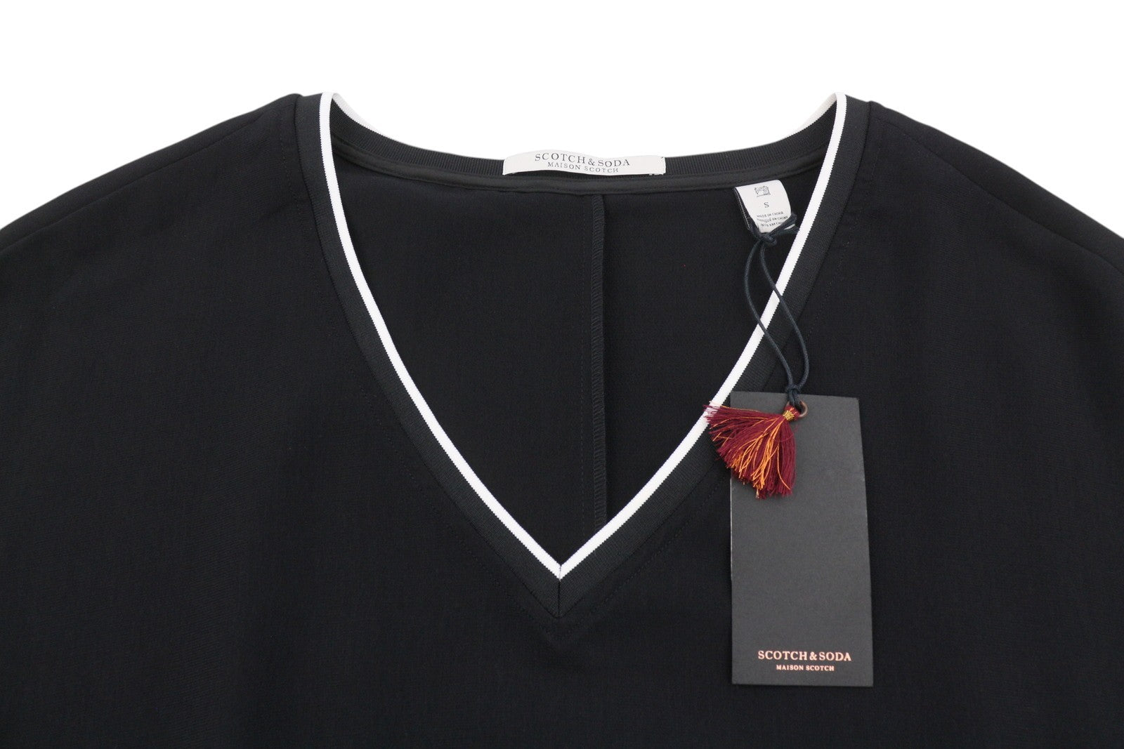 MAISON SCOTCH Women Dress S Black Layered V-Neck Short Sleeve Knee-Length