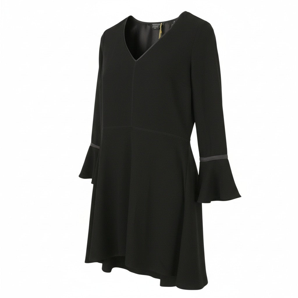 MAISON SCOTCH Women Dress XS Black V-Neck Flare Bell Long Sleeved Knee-Length