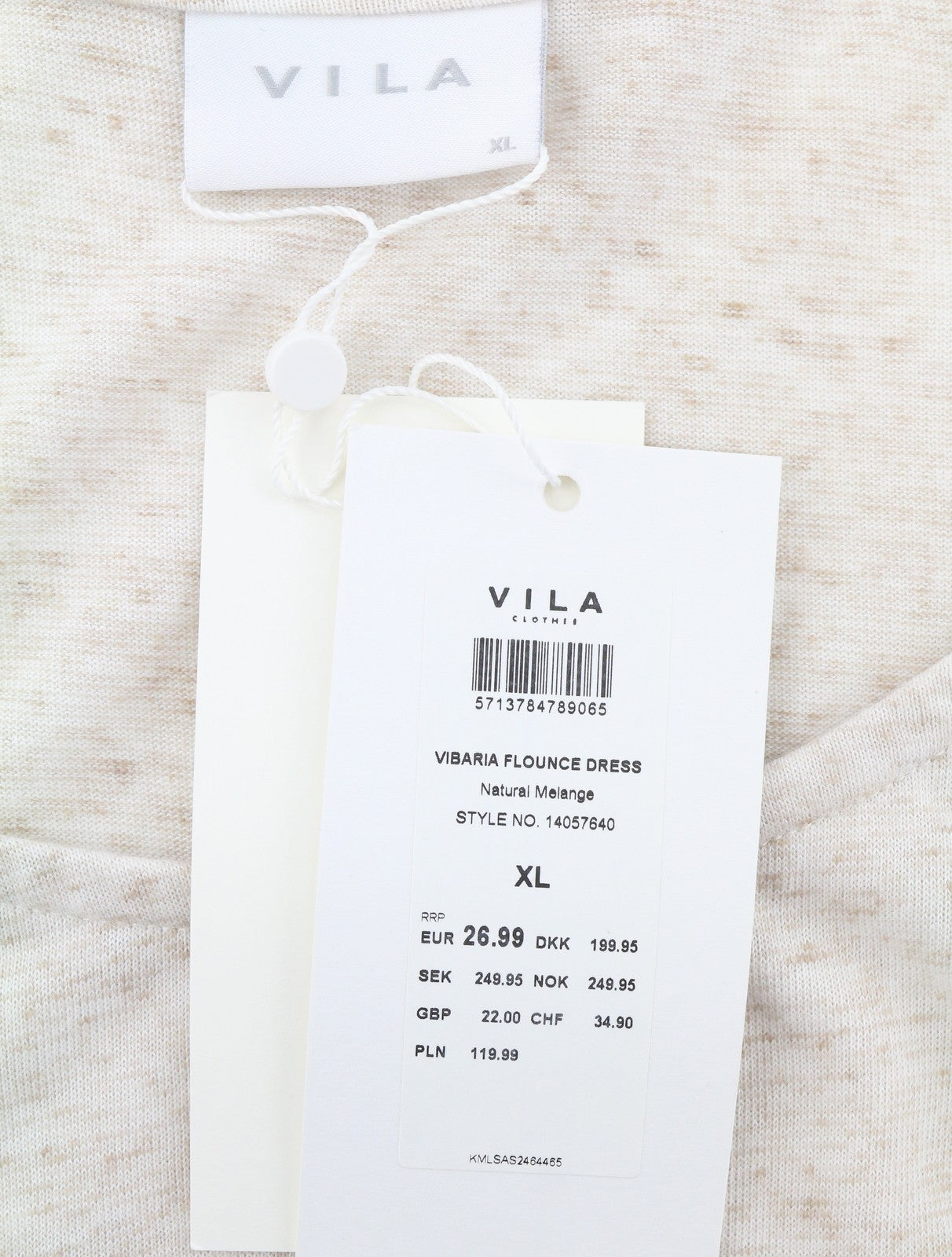 VILA Baria Flounce Women Dress XL Melange Linen Blend Round Neck Knee-Length
