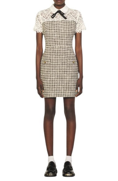 SANDRO Rozeana Women Dress EU36 S Houndstooth Lace Panelled Tweed Mini RRP325