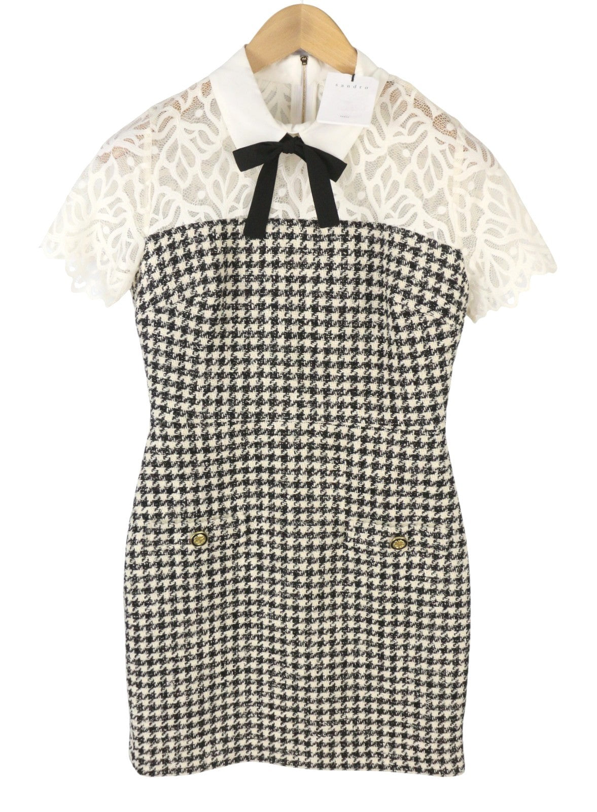 SANDRO Rozeana Women Dress EU36 S Houndstooth Lace Panelled Tweed Mini RRP325