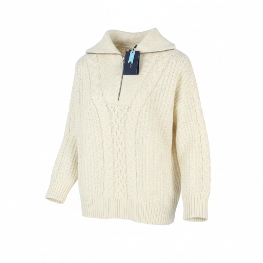 GANT Cable Half Zip Women Jumper L Cream Wool Blend Knit Sweater