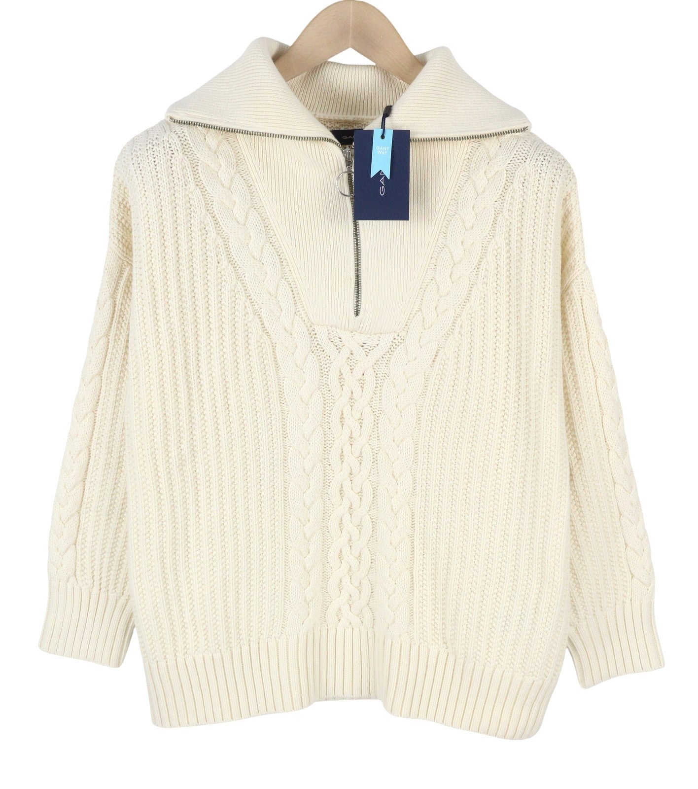 GANT Cable Half Zip Women Jumper L Cream Wool Blend Knit Sweater