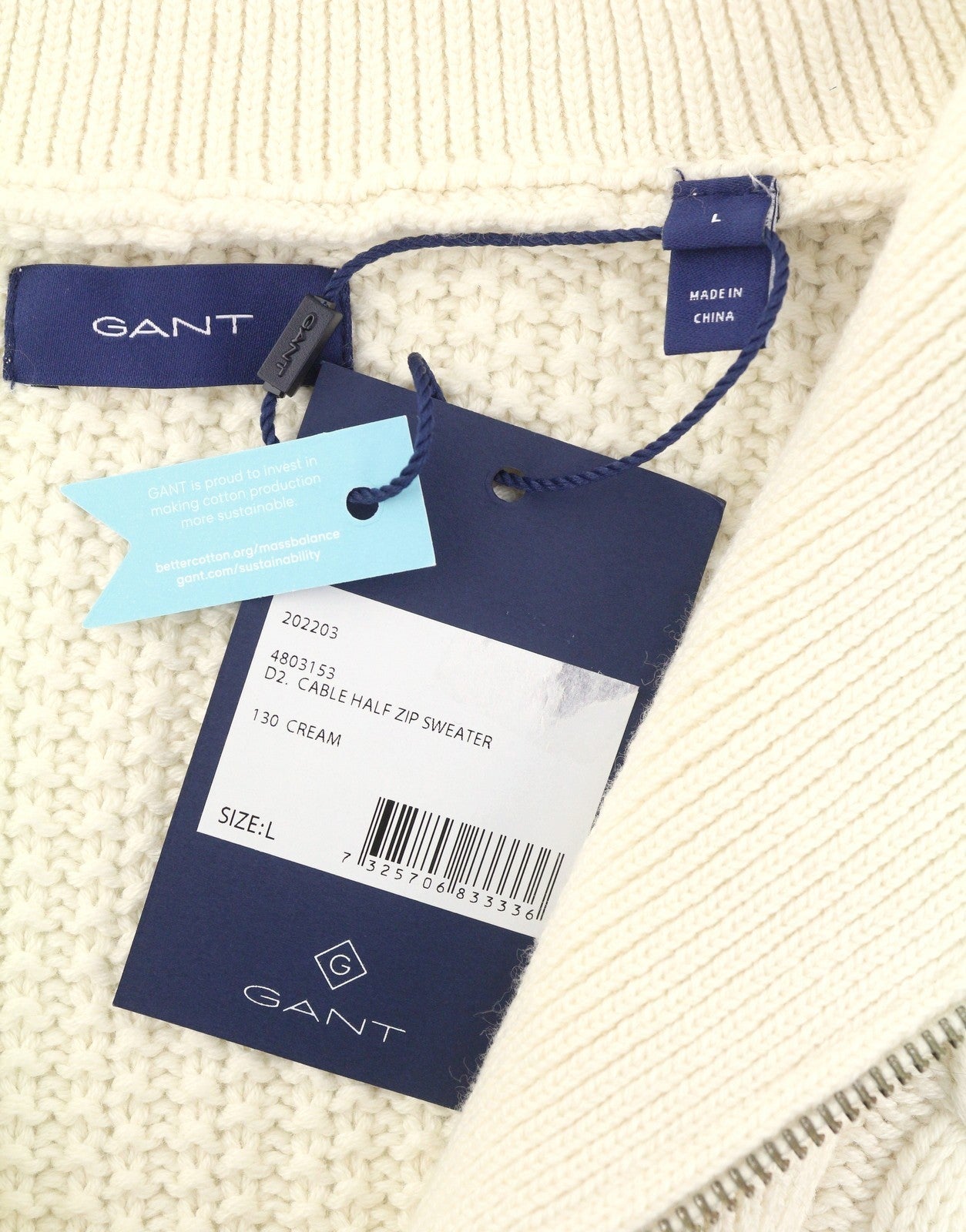 GANT Cable Half Zip Women Jumper L Cream Wool Blend Knit Sweater