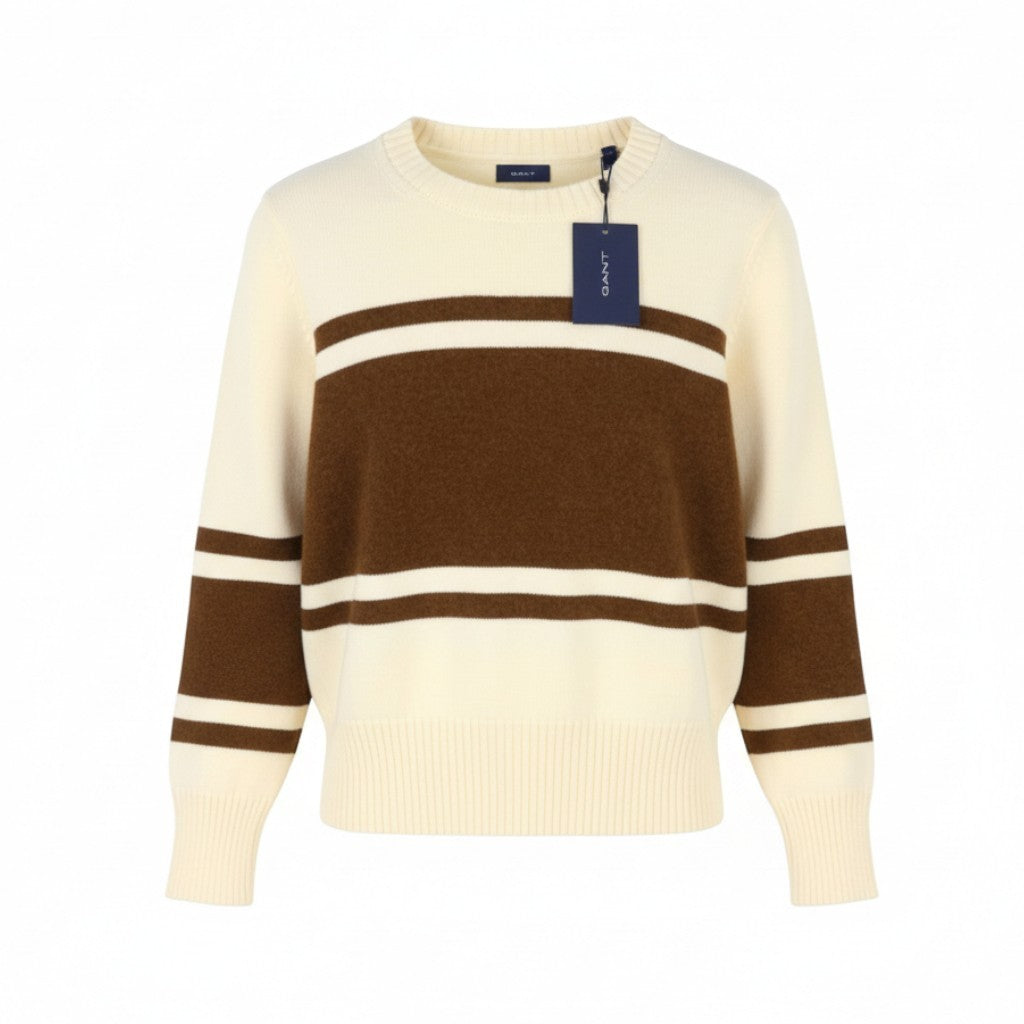 GANT Block Striped C-Neck Women Jumper L Cream Alpaca Blend Knit Sweater