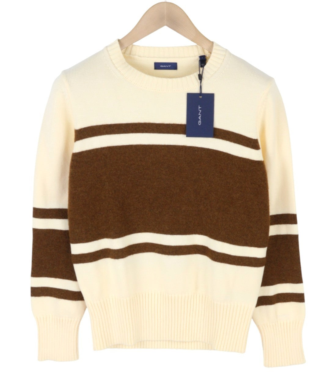 GANT Block Striped C-Neck Women Jumper L Cream Alpaca Blend Knit Sweater