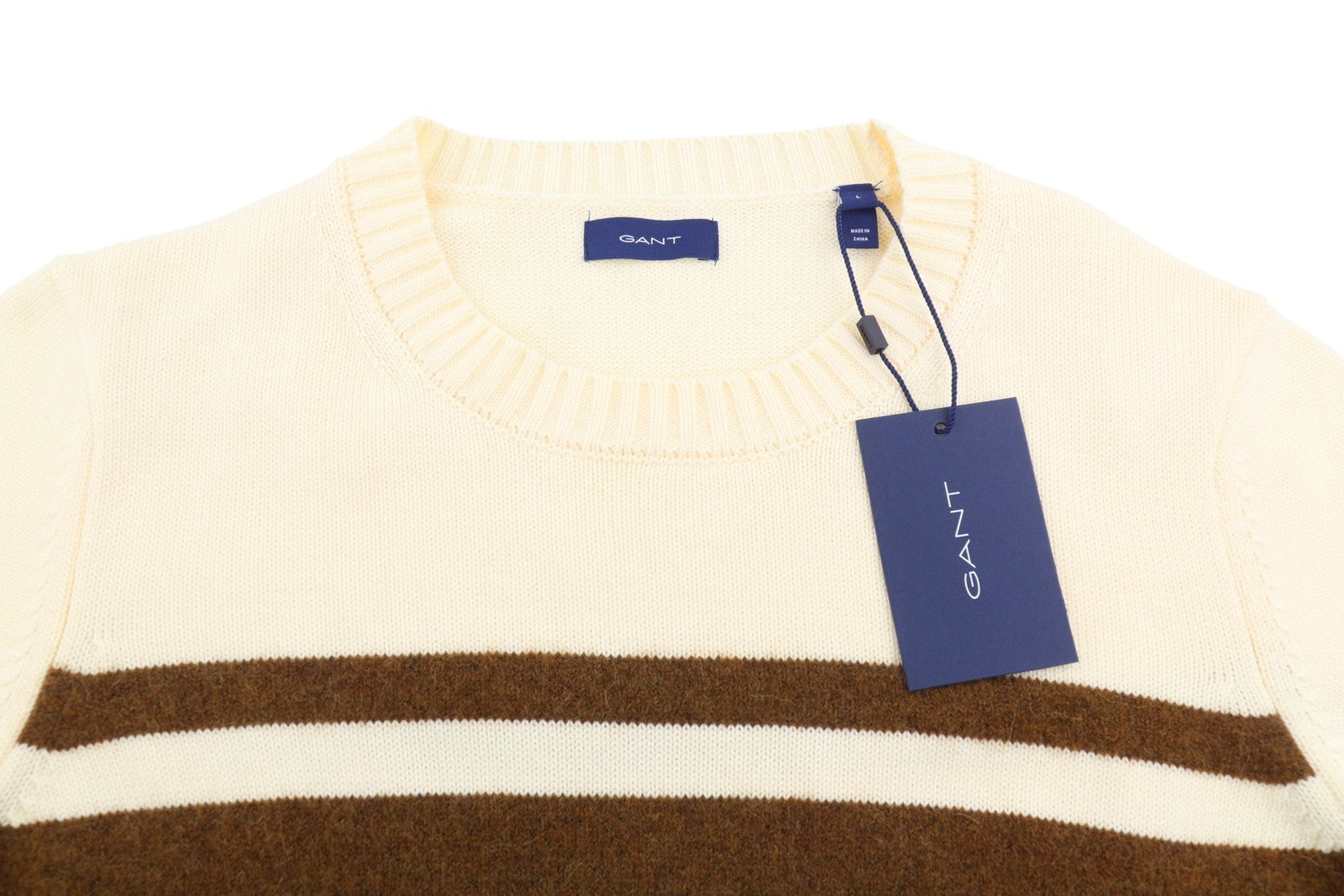 GANT Block Striped C-Neck Women Jumper L Cream Alpaca Blend Knit Sweater