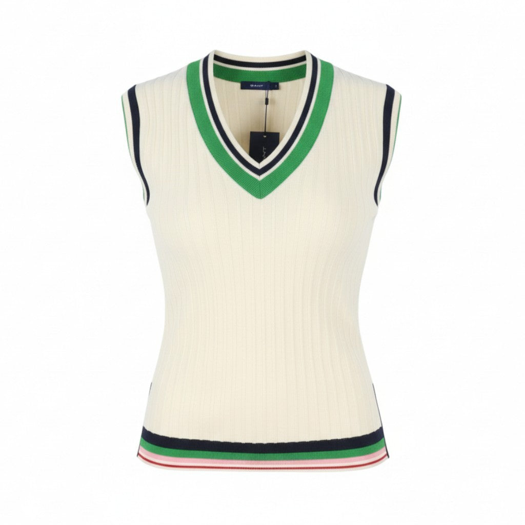 GANT Striped Rib Knit Vest Women Waistcoat XL Cream V-Neck Stretch Knitwear