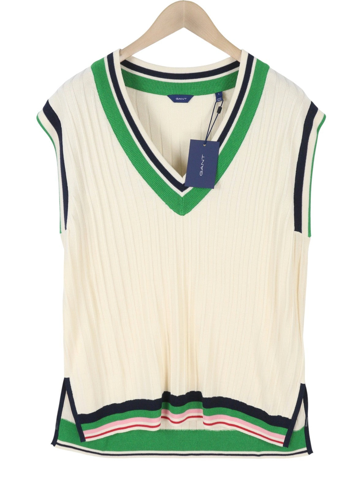 GANT Striped Rib Knit Vest Women Waistcoat XL Cream V-Neck Stretch Knitwear