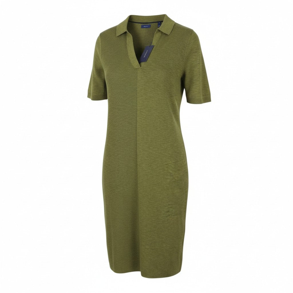 GANT Ribbed Rugger Women Dress M Utility Green Melange Linen Blend Polo