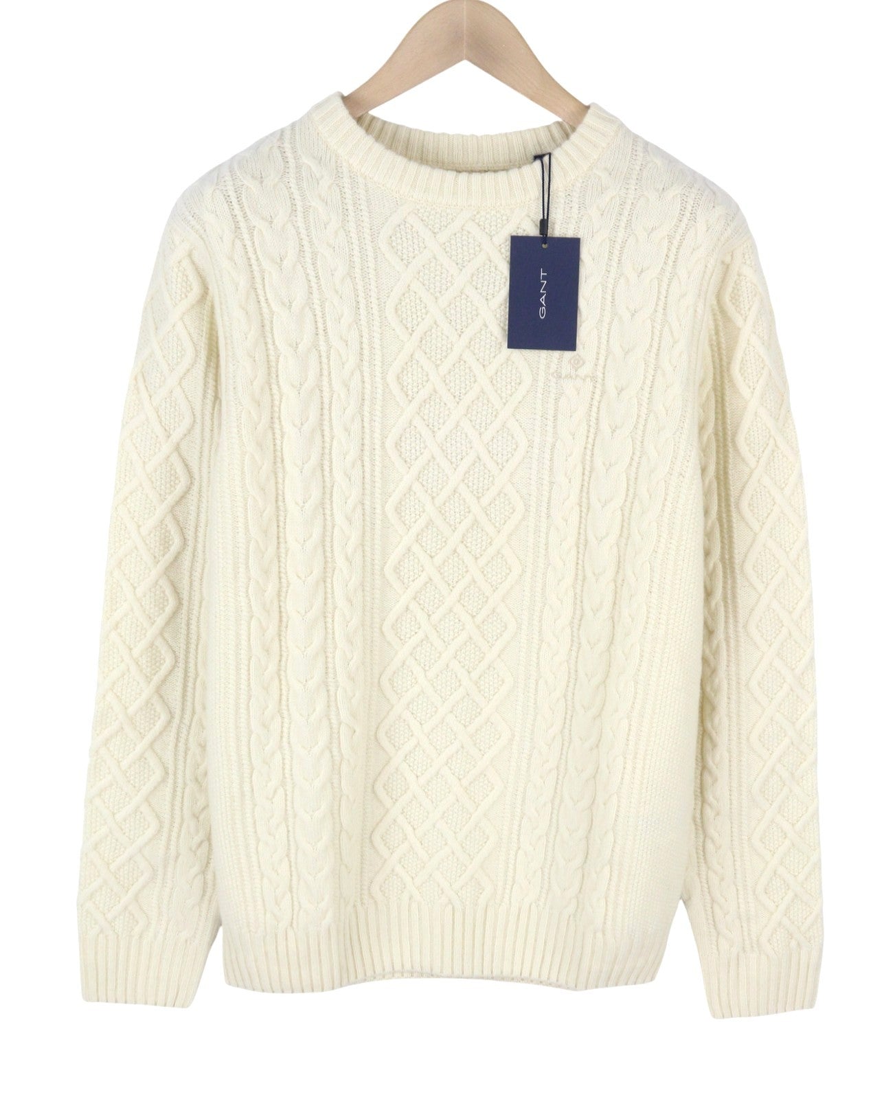 GANT Aran Cable Crew Men Jumper L Eggshell Wool Blend Knit Sweater