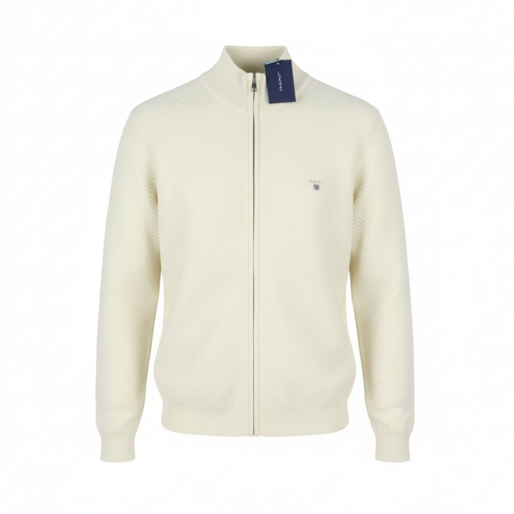 GANT Triangle Texture Fullzip Men Jumper XL Cream High Neck Zip Knit