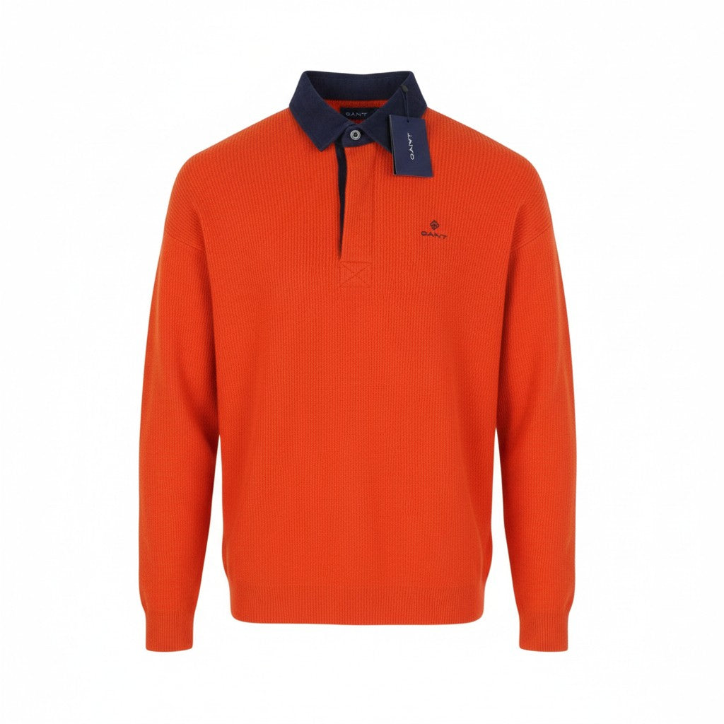 GANT Lambswool Rib Rugger Men Jumper S Pumpkin Orange Knit Sweater