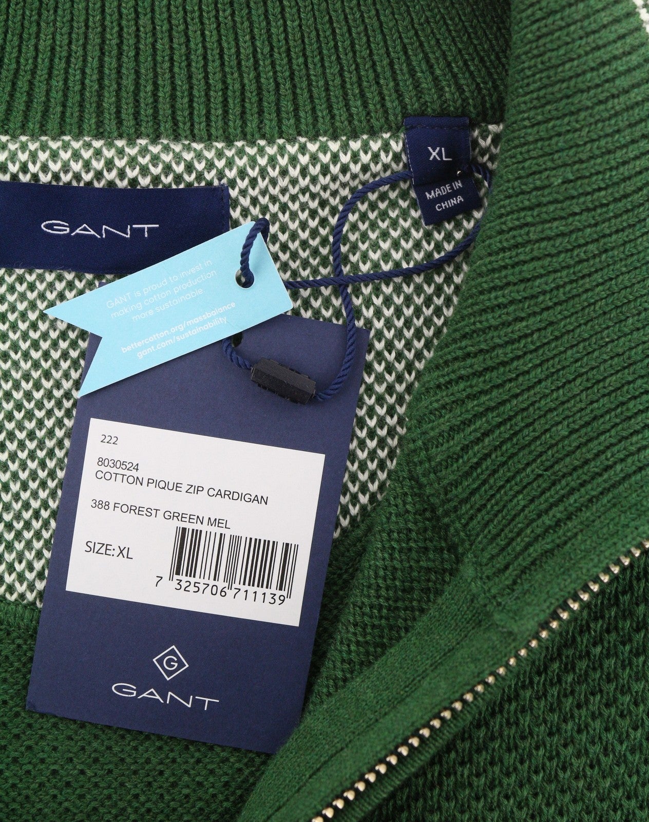 GANT Cotton Pique Zip Cardigan Men Jumper XL Forest Green Melange Zip Knit
