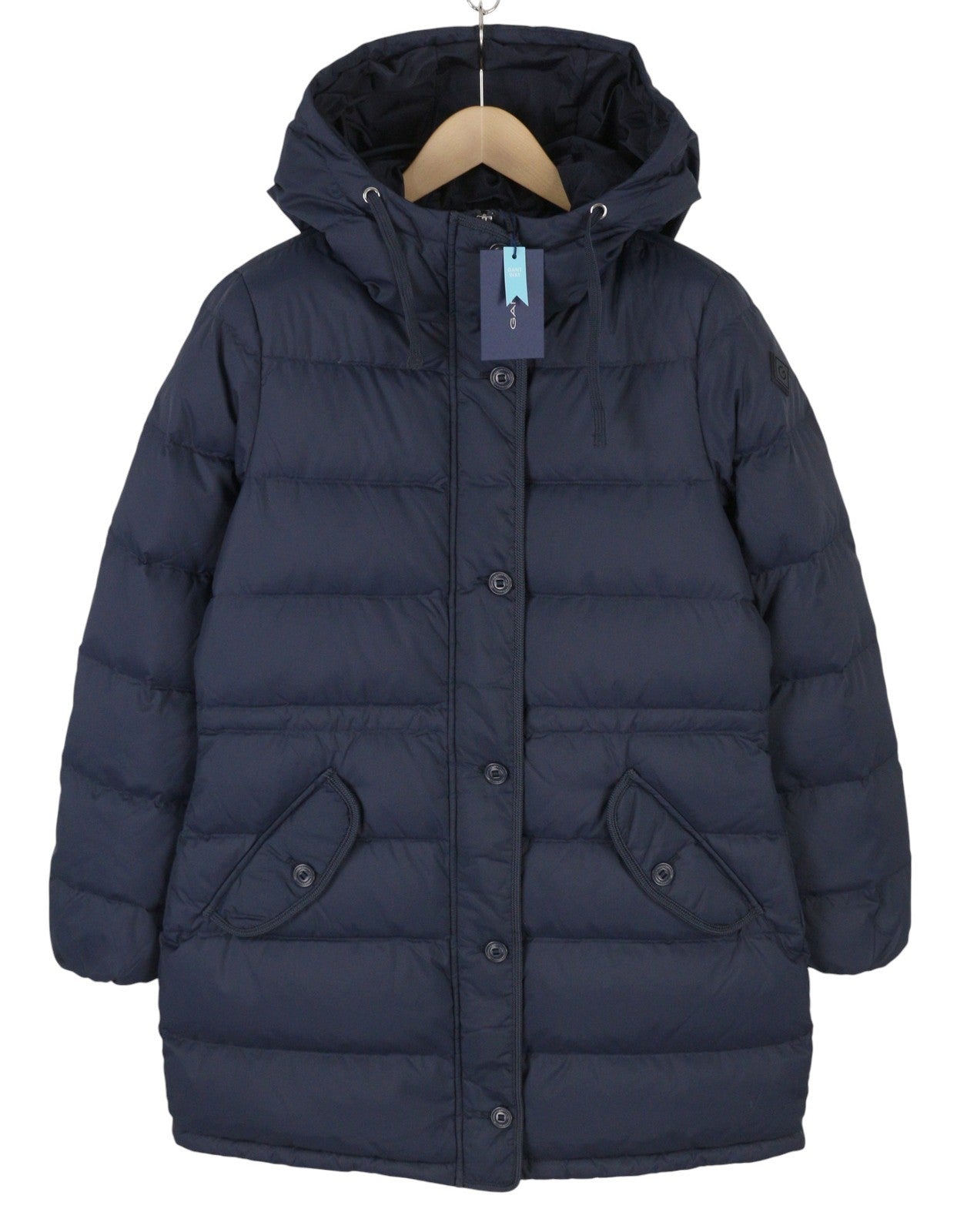 GANT Long Down Women Jacket XS Evening Blue Quilted Hooded Mid Coat